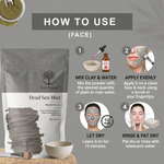 A product instruction graphic for Wild Organic Dead Sea Mud face mask. The left side shows the product pouch, a small bowl of powder, and a spatula.