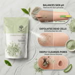 Wild Organic French Green Clay Toning Clay in a resealable pouch, displayed on a white marble background with product benefits and before/after skin close-ups.