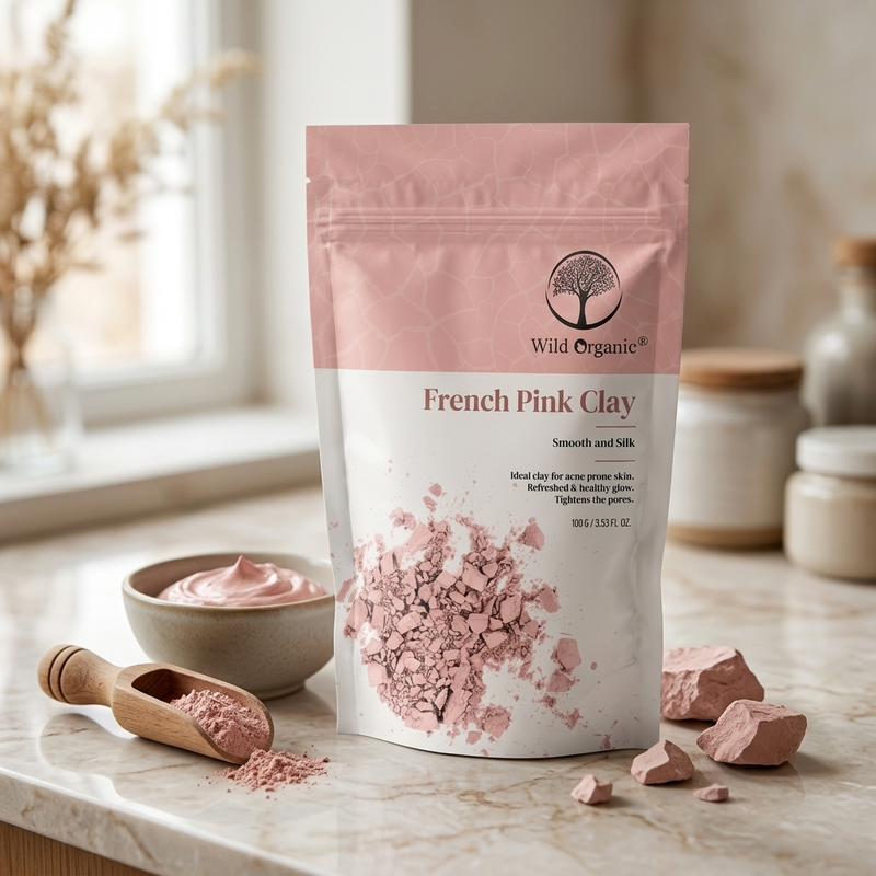 A stand-up pouch of Wild Organic French Pink Clay stands on a marble countertop with a small bowl, wooden scoop, and loose pink clay pieces around it. The package is pale pink and white with a printed pile of pink clay and the Wild Organic logo and name visible.