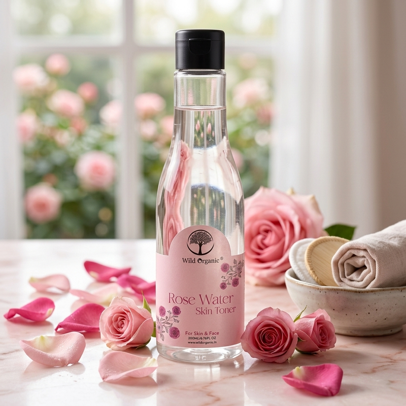 A bottle of Wild Organic Rose Water Skin Toner stands on a marble surface surrounded by pink rose petals, fresh roses, and a rolled towel, with a softly blurred window of pink flowers in the background.