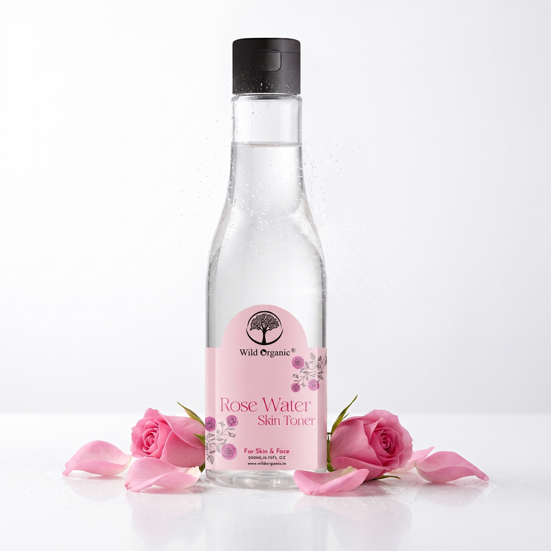 A clear plastic bottle of Wild Organic Rose Water San Tower with a black cap and a pink label, styled with pink rose petals and two pink roses on a white reflective surface against a white background.