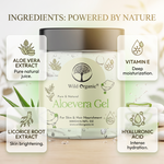 A jar of Wild Organic Aloe vera Gel centered on a soft light background, surrounded by four callout panels highlighting ingredients: aloe vera extract, vitamin E, licorice root extract, and hyaluronic acid. Text at the top reads 'INGREDIENTS: POWERED BY NATURE'.