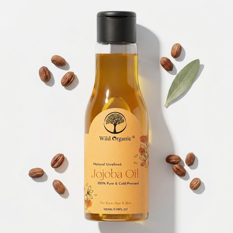 A bottle of Wild Organic Jojoba Oil with a black cap, surrounded by scattered coffee beans and a single green leaf on a clean white background.