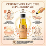 An infographic-style face care guide centered on a bottle of Wild Organic Jojoba Oil, with four illustrated steps around it: cleanse, dispense, absorb, and apply. The design uses a warm cream background with decorative border lines and text explaining how to use jojoba oil.