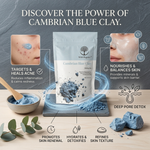 Wild Organic Cambrian Blue Clay face mask pouch centered on a light wood surface, surrounded by blue clay powder, clay rocks, a bowl of blue clay with a wooden spoon, and informational callouts about skin benefits. Large headline text at the top reads 'DISCOVER THE POWER OF CAMBRIAN BLUE CLAY.