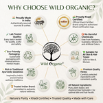 An infographic titled 'WHY CHOOSE WILD ORGANIC?' with a central tree logo and surrounding callouts about Wild Organic's claims, including 'Proudly Made in India,' 'Lab Tested Quality,' 'Eco-Friendly Packaging,' 'Traditional Ayurvedic Goodness,' 'Trusted Indian Brand,' 'Khadi Certified,' 'No Harmful Chemicals,' and 'Suitable for All Skin & Hair Types.'.