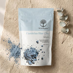 Wild Organic Cambrian Blue Clay healing clay in a resealable stand-up pouch, styled on a textured beige stone surface with scattered blue clay powder and eucalyptus leaves.