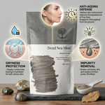 A stand-up pouch of Wild Organic Dead Sea Mud facial mask shown on a dark surface with surrounding stones and a spoon of powder. The package is gray and white with product name and benefits text, plus callout icons for hydration, anti-ageing, dryness protection, and impurity removal.