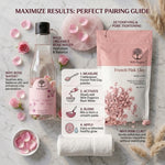 A beauty product flat lay showing a bottle of Wild Organics Rose Water Skin Toner and a bag of French Pink Clay powder, surrounded by pink rose petals, a white towel, and an informational pairing guide on a light marble background.