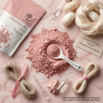 A styled flat-lay of a French Pink Clay hair extension kit by Wild Organics, featuring a pouch of the product, a spoonful of dusty pink powder, silk fibers, glass vials, and a marble background.