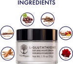 A jar of Wild Organic L-Glutathione Day and Night Cream centered on a white background, surrounded by ingredient callouts including Jojoba, Mulahti, Shea Butter, Sandalwood, Mango Butter, and Rose under the heading INGREDIENTS.