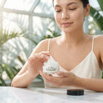 A woman in a cream camisole holds an open jar of Wellness Labs Glutathione Serum on a light marble table, with a black cap resting beside it. The background is a bright, softly blurred greenhouse or botanical setting.