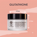 A jar of L-Glutathione Day and Night Cream by Wild Organic centered on a peach-pink background with dimension arrows showing 5.5 cm width and 4.