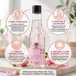 Wild Organic Rose Water Skin Toner bottle centered on a light beige background with decorative pink circles and text callouts describing skincare benefits: deep hydration, soothing/calming skin, toning and refining pores, and natural glow and revitalization.