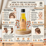 An illustrated step-by-step guide titled 'HOW TO USE WILD ORGANIC JOJOBA OIL FOR HAIR' with four numbered panels showing scalp treatment, deep conditioning mask, leave-in serum, and styling benefits. The central product rendering shows a yellow bottle labeled Wild Organic Jojoba Oil on a wooden stand, surrounded by hair illustrations and decorative botanicals.