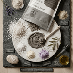 Dead Sea Mud face mask kit ingredients and packaging arranged on a dark slate board, including a pouch of Dead Sea Mud, a marble plate with a spoonful of dark gray mask, salt crystals, clay powder, chalk powder, olive oil, and labeled ingredient chips.
